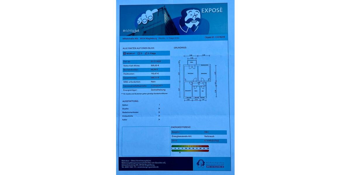 Etagenwohnung Magdeburg Brückfeld - 3 Zimmer, 60 m&sup2;, 681&euro; | Angebot:27627244