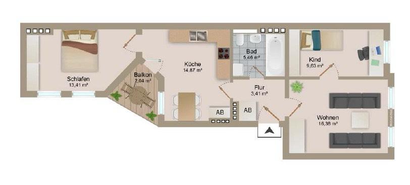 Etagenwohnung Magdeburg Nordwest - 3 Zimmer, 69 m&sup2;, 618&euro; | Angebot:26576540