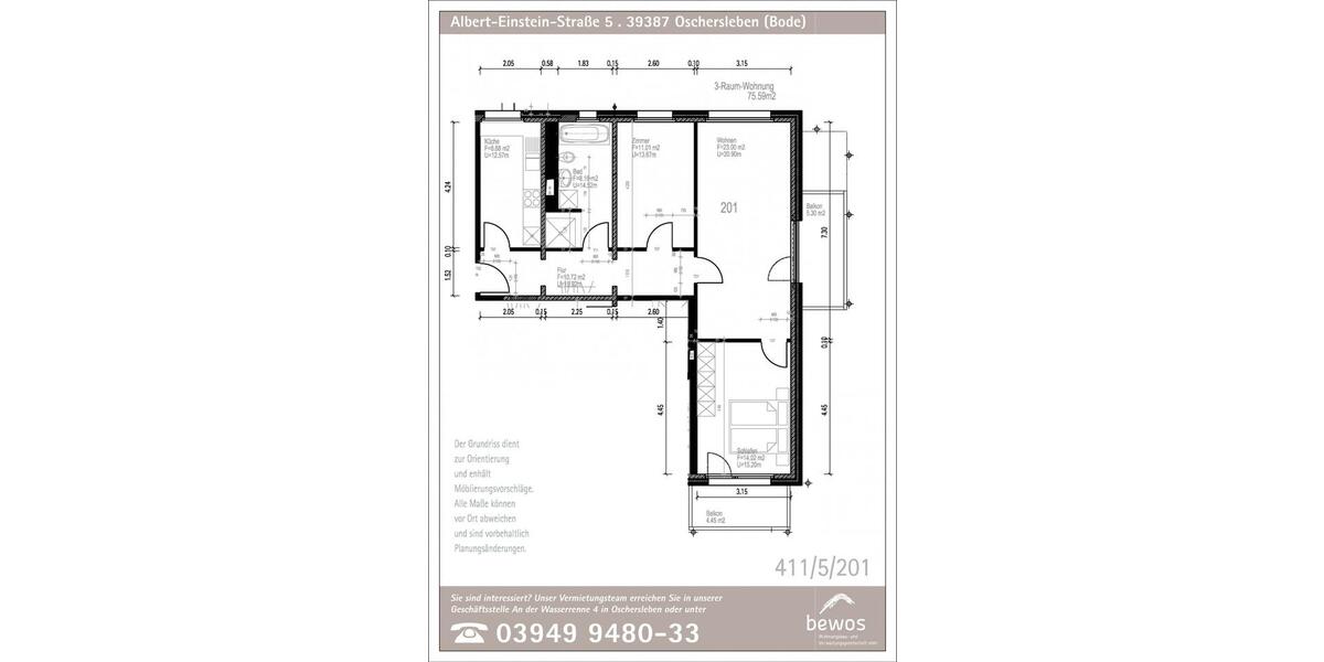 Etagenwohnung Oschersleben (Bode) - 3 Zimmer, 80 m&sup2;, 602&euro; | Angebot:26556582