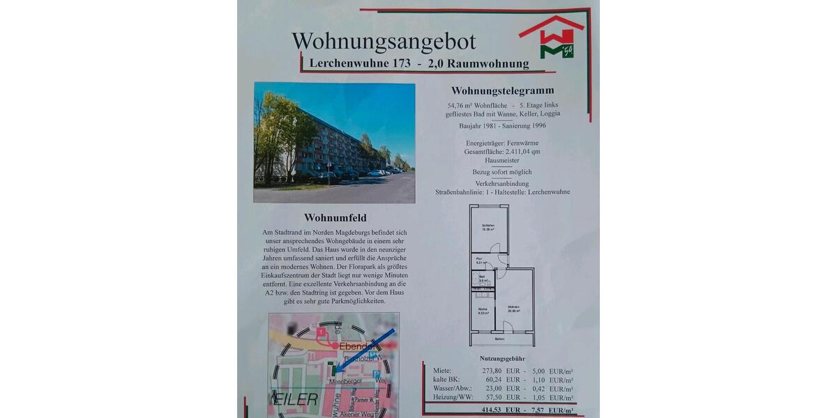 Dachgeschoßwohnung Magdeburg Brückfeld - 2 Zimmer, 55 m&sup2;, 414&euro; | Angebot:25364680