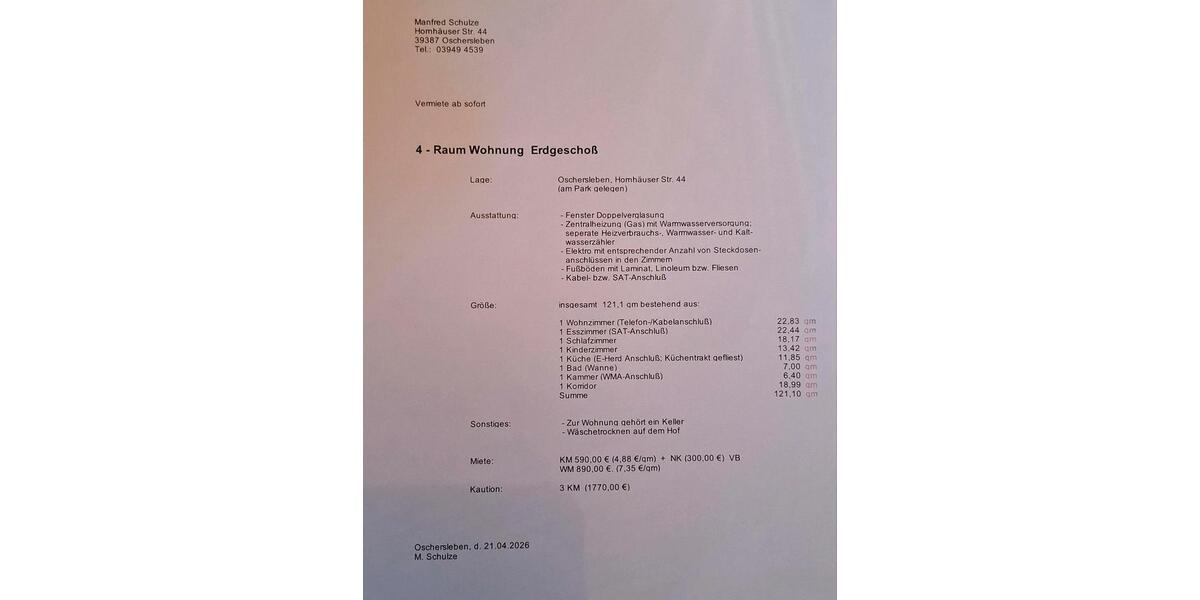 Erdgeschoßwohnung Oschersleben (Bode) - 4 Zimmer, 121 m&sup2;, 890&euro; | Angebot:26586333