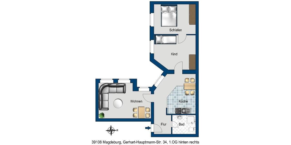 Etagenwohnung Magdeburg Nordwest - 3 Zimmer, 62 m&sup2;, 516&euro; | Angebot:25871283