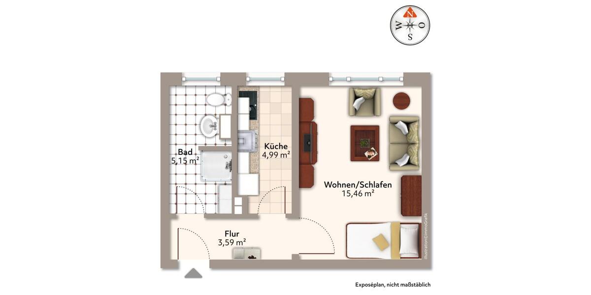 Etagenwohnung Magdeburg Nordwest - 1 Zimmer, 29 m&sup2;, 370&euro; | Angebot:26558106