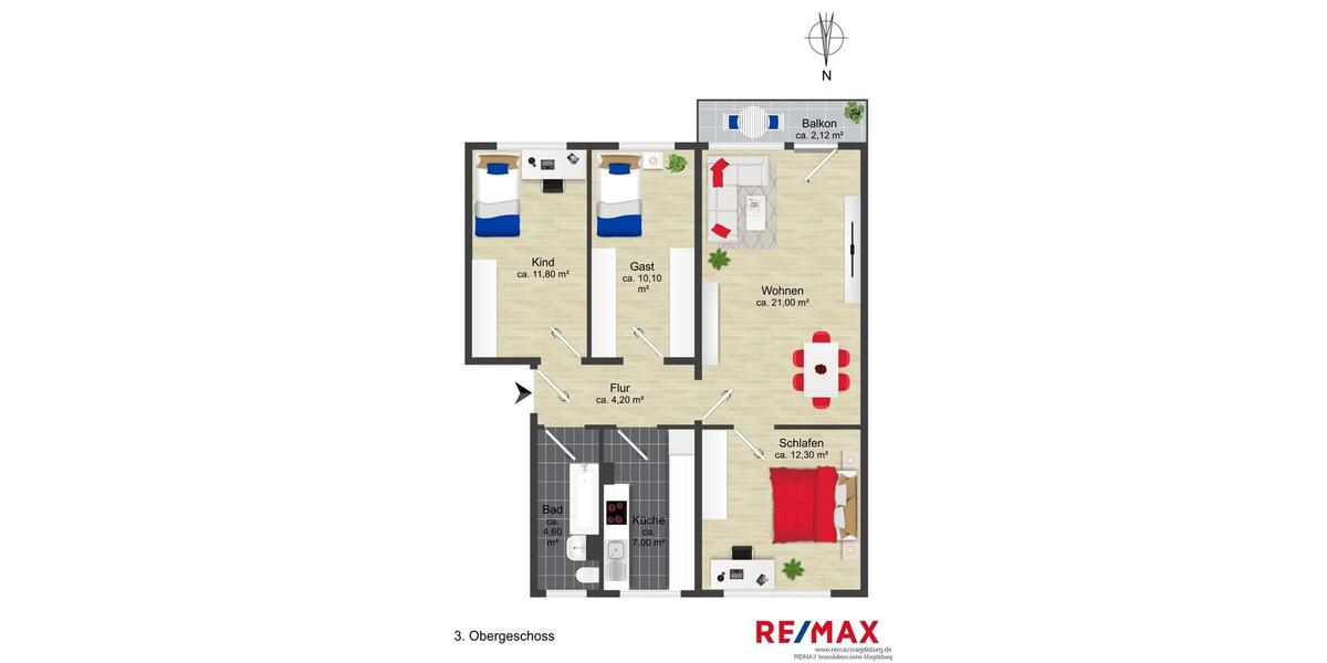 Etagenwohnung Magdeburg Nordwest - 4 Zimmer, 72 m&sup2;, 401&euro; | Angebot:25279178