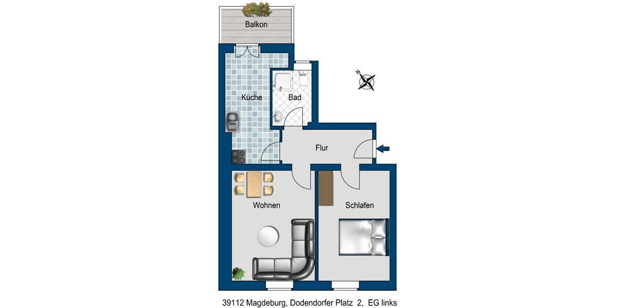 Erdgeschoßwohnung Magdeburg Leipziger Straße - 2 Zimmer, 55 m&sup2;, 363&euro; | Angebot:25436368
